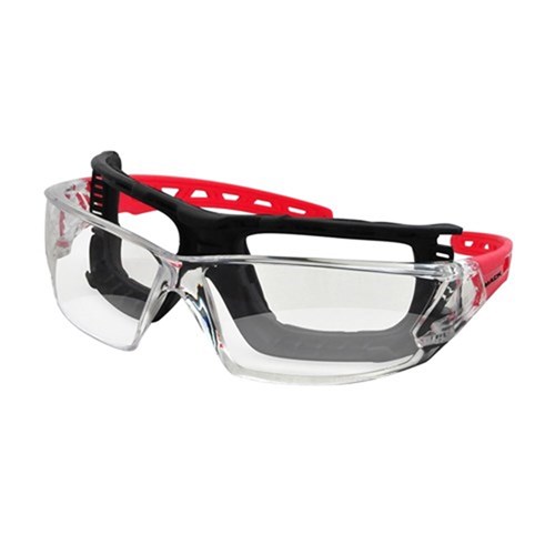 MACK SAFETY SPEC CHRONOS CLEAR LENS RED ARM C/W DUST GUARD BX 12